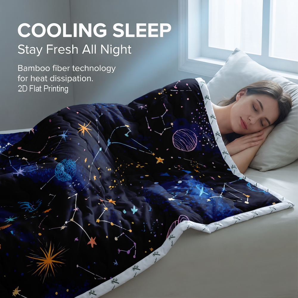 TEMU 1pc Bamboo Reversible Cooling & Warm Summer Comforter - Celestial Print, Cooling Comforter With Switchable Temperature Control, Lightweight &