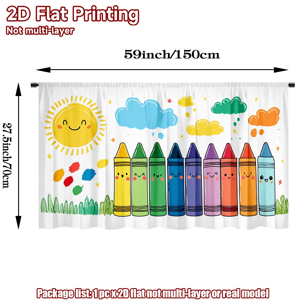 TEMU 2d Flat, 1pc Modern Minimalist Semi-sheer Curtain Panel With Smiling Crayon Print - Rod Window Drapes Suitable For, Room, Study & Living Room,