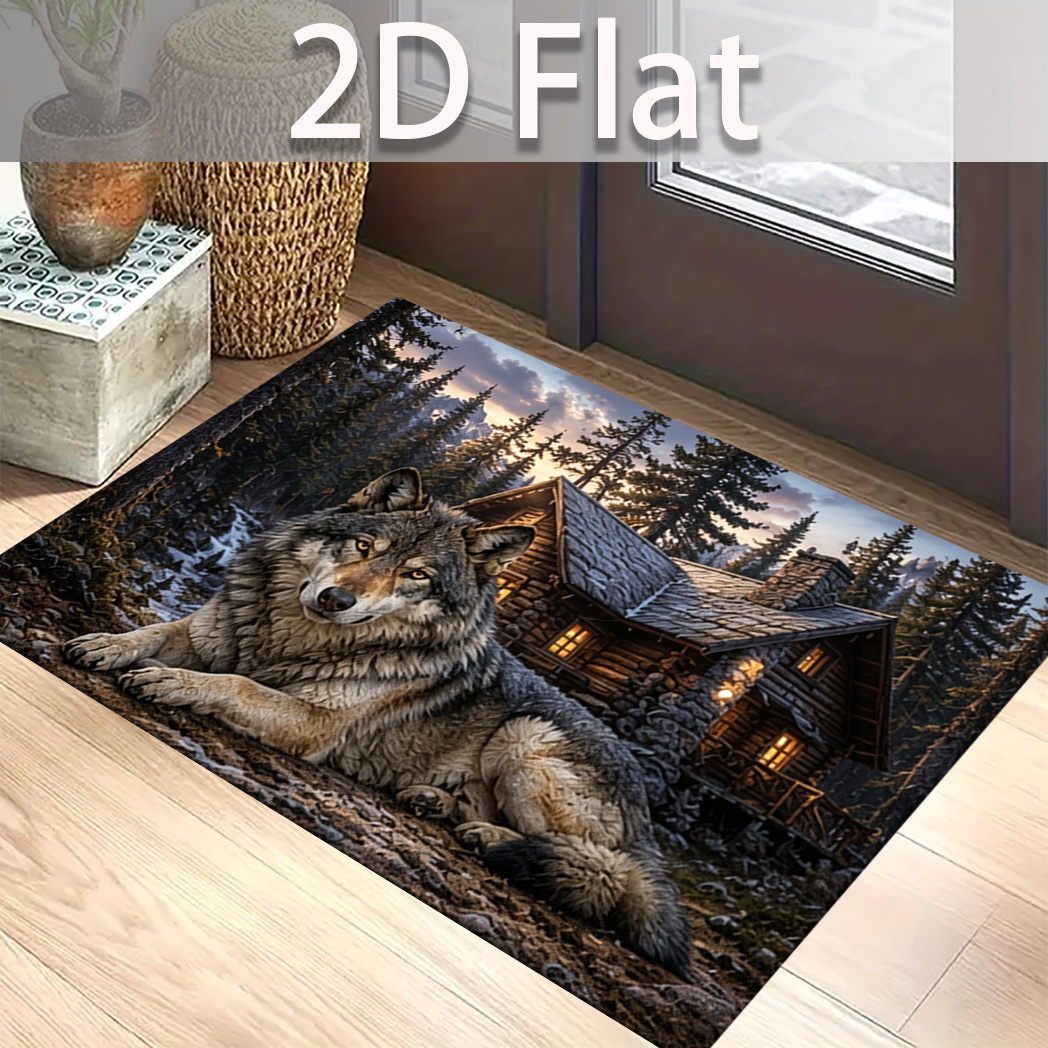 TEMU 2d Flat Forest Cabin Wolf Pattern Printed Mat, Household Non-slip Doormat, Universal Mat For Entryway, Foyer, Hallway, Back Door, Courtyard, And