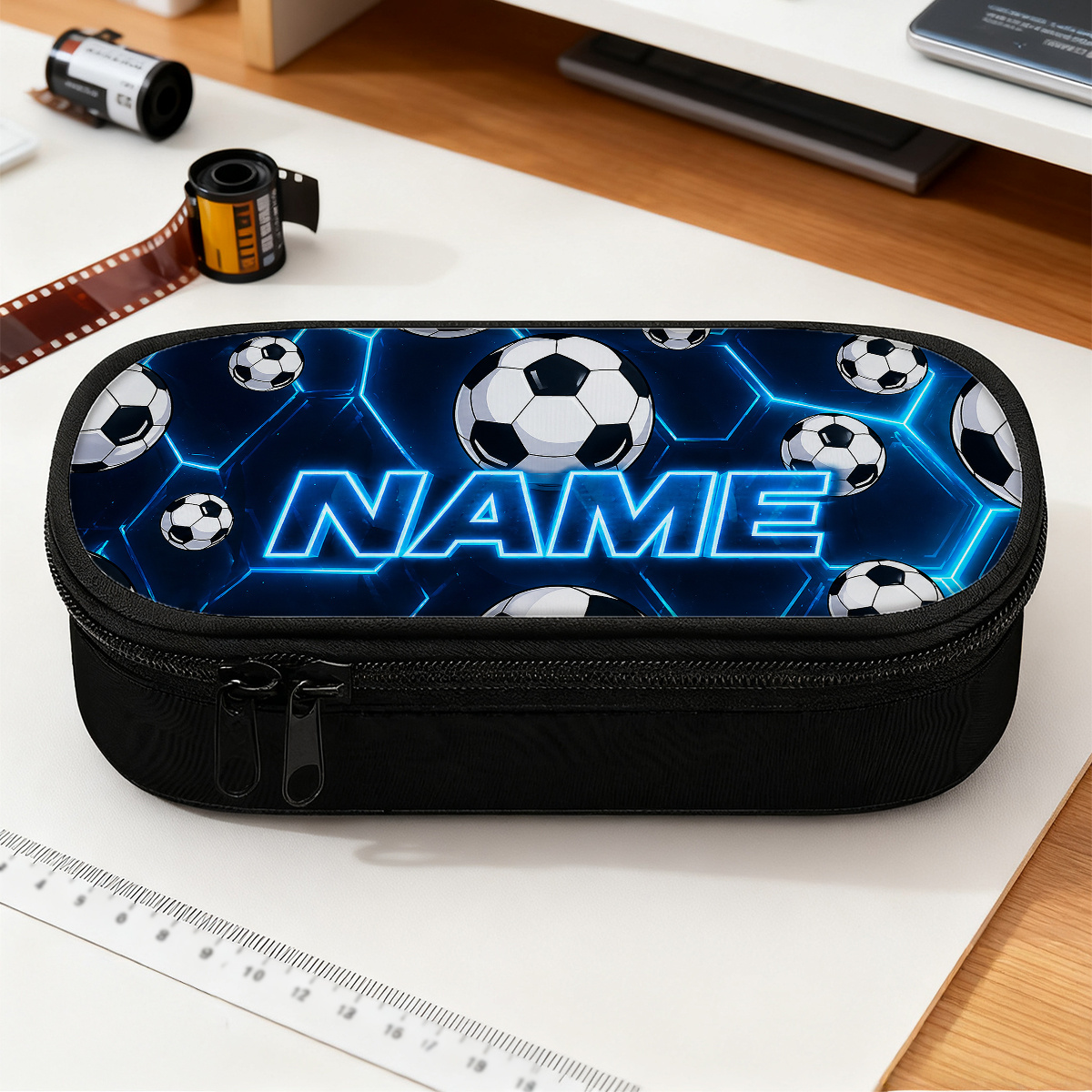 TEMU Customized 1pc Soccer Balls 2d Flat Pattern Large Pencil Case Pen Case With Zippered Compartments, Fashionable Personalized Custom Name/text
