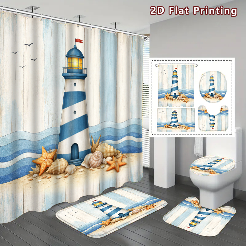 4pcs Coastal Lighthouse Shower Curtain & Bath Mat Set with Hooks