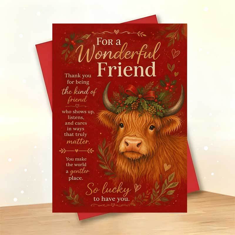 TEMU 1 Greeting Card + 1 Envelope Warm Festive Christmas Greeting Card, Highland Cow With Holly Wreath "for A Wonderful Friend", For Best Friend,