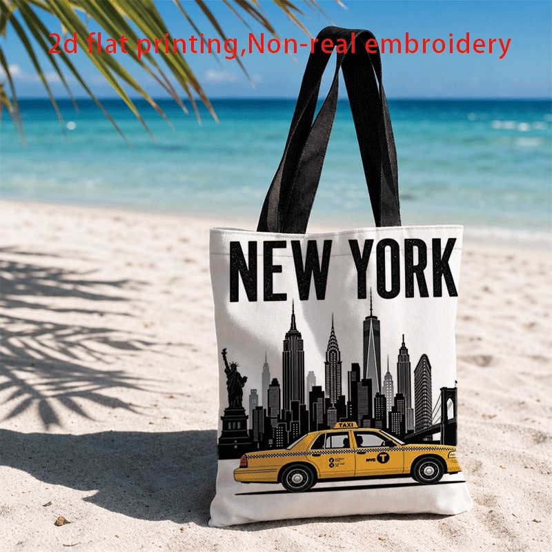 TEMU 1pc, 2d Flat Printing, City Silhouette Print Tote Bag, Beach Vacation Daily Practical Bag, Double-sided Printing, Stylish And Bag, Tote Bag,