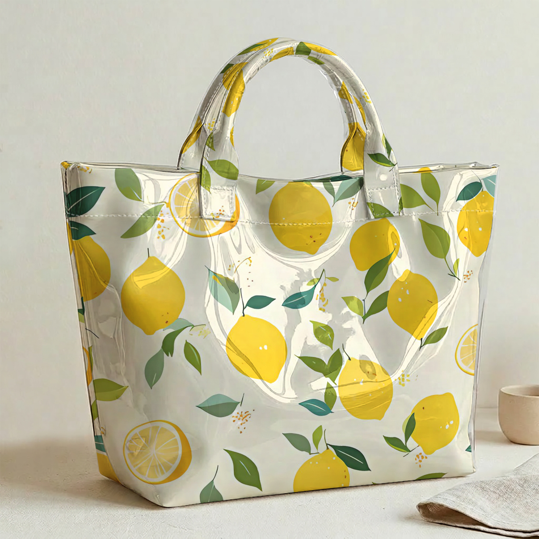TEMU 1pc, Women's Tote Bag, Base With Green Leaf Print 2d Printing, Glossy Transparent Large Capacity Women's Pvc Tote Bag, Lightweight, Suitable For