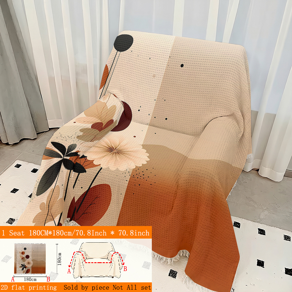 TEMU 1pc 2d Flat Printing Autumn Floral Minimalist Style Pattern Waffle Sofa Cushion, Sofa Cover With Tassel, Sofa Protector, Suitable For 1-4 Seater