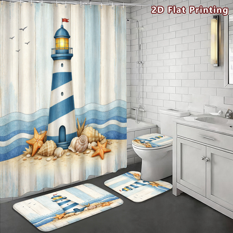 4pcs Coastal Lighthouse Shower Curtain & Bath Mat Set with Hooks