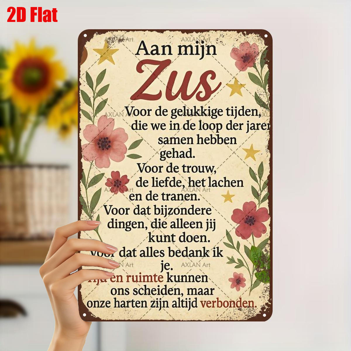 TEMU 2D Plat 1 stuk, "Metalen Kunstbord voor Zus - Hartelijke Boodschap met Bloemmotief, Perfect Cadeau voor Geliefden" 8×12 Inch