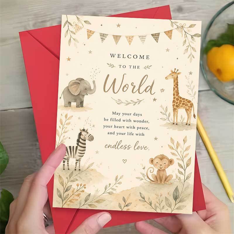 Adorable Welcome Greeting Card with Safari Animals