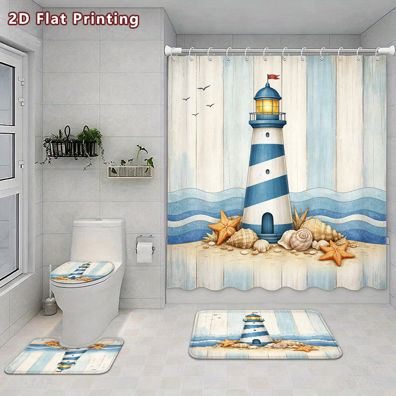 4pcs Coastal Lighthouse Shower Curtain & Bath Mat Set with Hooks