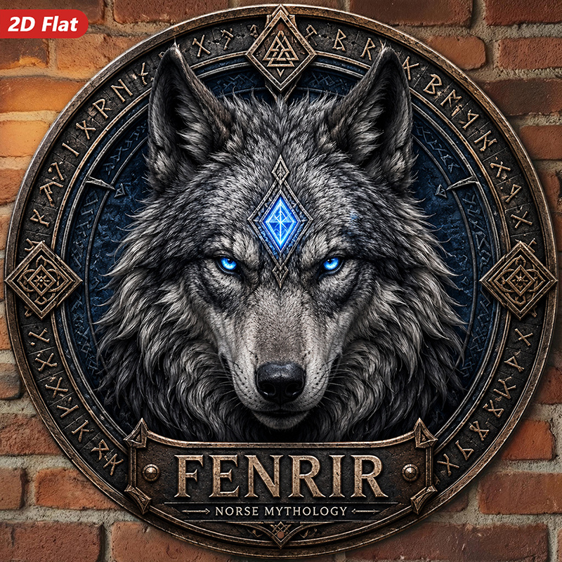 TEMU 2d Flat, 1pc Round Metal Sign Wall Art, Fenrir Wolf Home Decor, Mysterious Nordic Style, Mythical Creature Pattern, Text "fenrir", For Living