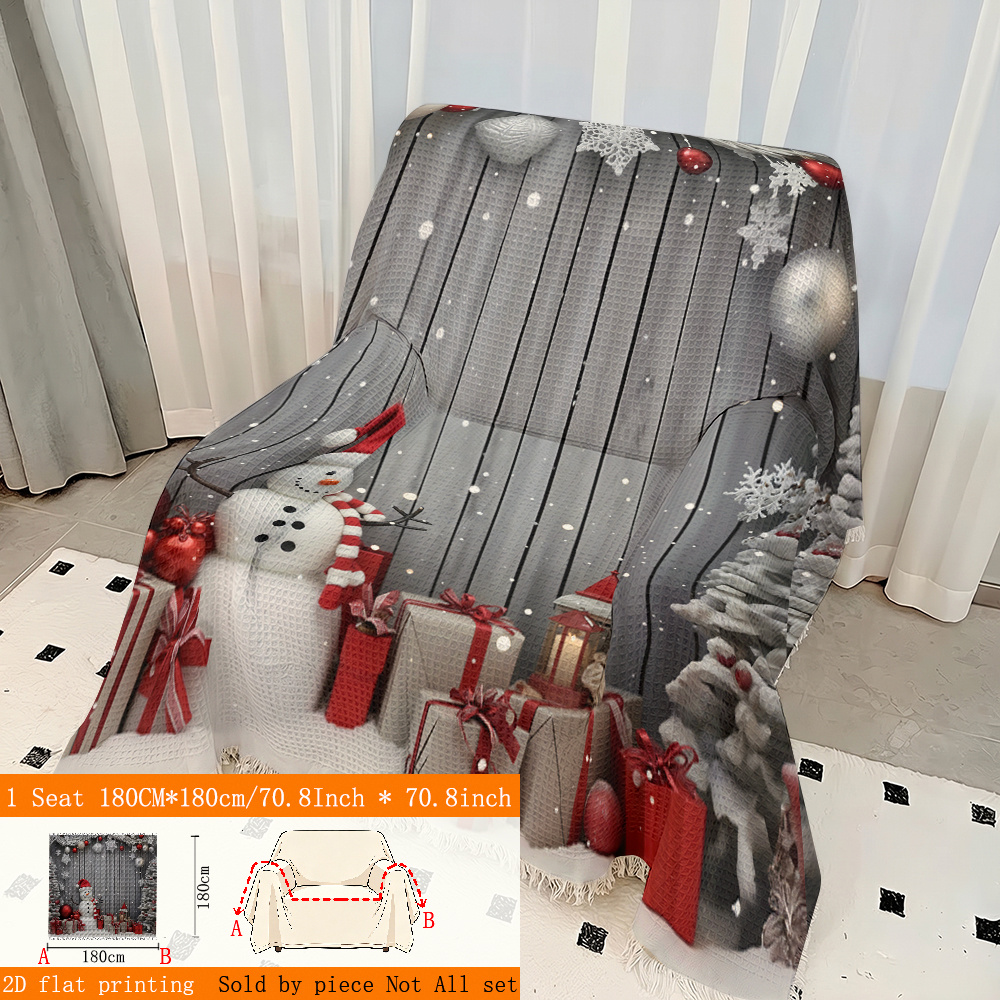 TEMU 1pc 2d Flat Printing Christmas Themed Snowman Christmas Tree Waffle Weave Sofa Cushion, Sofa Towel Integrated Sofa Cover With Tassels, Sofa