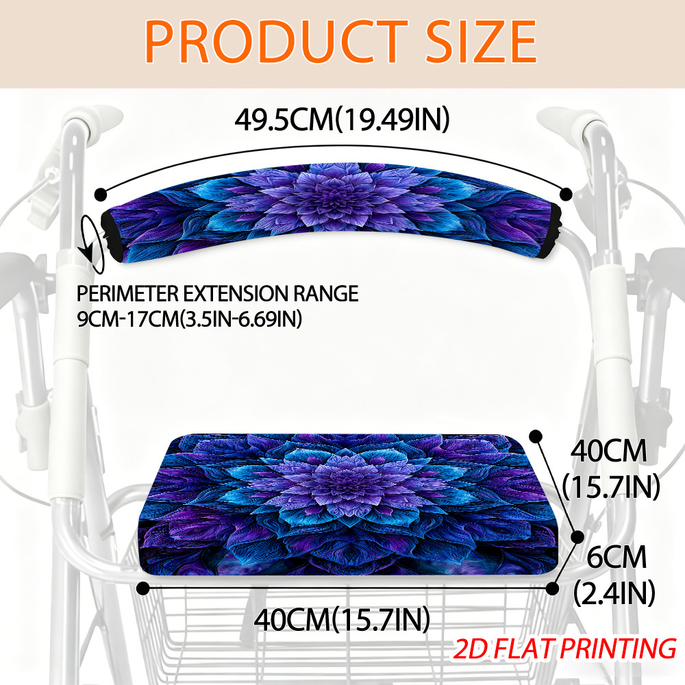 TEMU Removable Rollator Walker Seat Cushion Cover With Blue And Purple Floral Mandala Print - Backrest Pad - Washable Universal Fit Mobility Aid