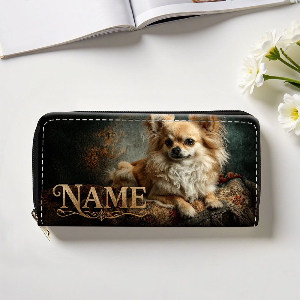 TEMU Customized Chihuahua Art 2d Flat Designed Long Wallet With Zipper, Trendy Custom Name/text Purse With Card Slots And Coin Pouch, Multifunctional