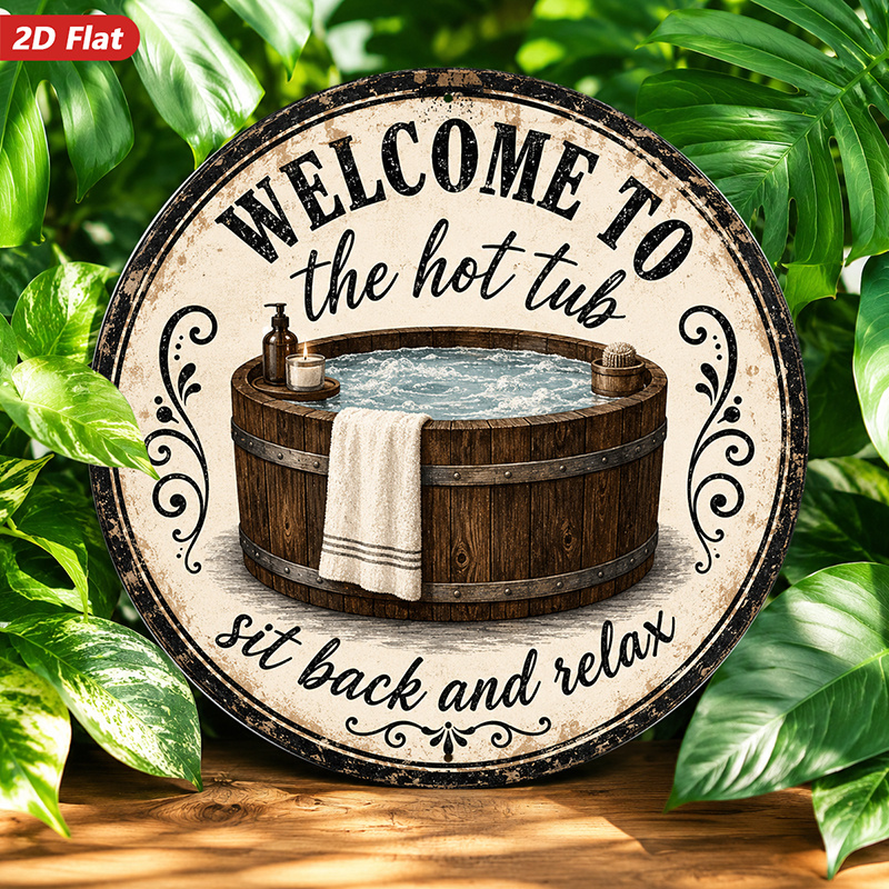 TEMU 2d Flat, 1pc Round Metal Sign Wall Art, Welcome To The Hot Tub Home Decor, Rustic Design, Round Shape, Inspirational Quote, Bathtub Pattern, For