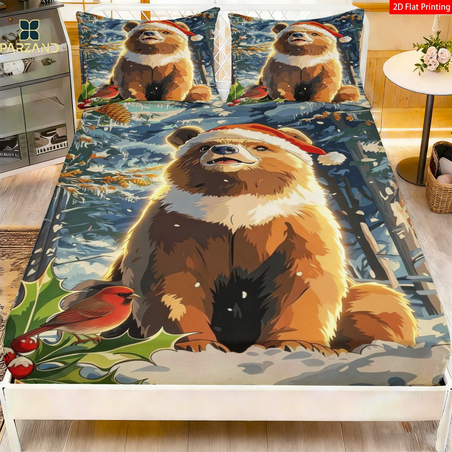 2/3 piezas Sábana Ajustable con Estampado Plano 2D Oso de Navidad, Ropa de Cama con Impresión HD, para Decoración de Dormitorio (1 Sábana Ajustable y 1/1/9 X Fundas de Almohada, Sin Relleno)