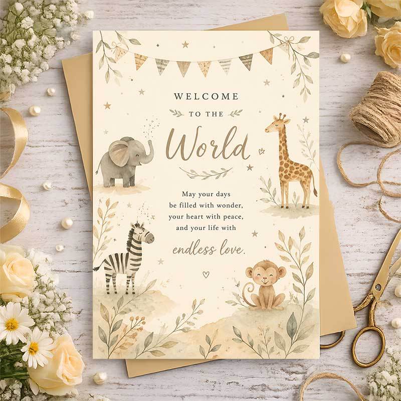 Adorable Welcome Greeting Card with Safari Animals