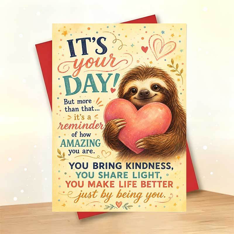 TEMU 1pc Greeting Card And 1pc Envelope. 2d Flat Cute Birthday Card, Sloth Hugging Heart "today Is ", Warm Artistic Stationery Gift For , Christmas