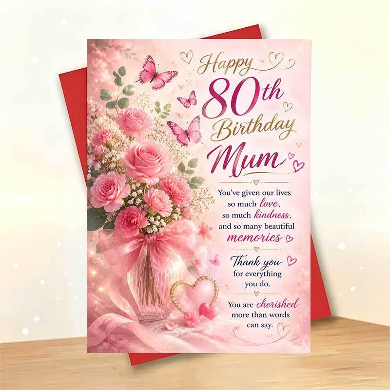TEMU 1 Greeting Card + 1 Envelope Elegant Floral Birthday Greeting Card, Pink Roses And Butterflies Design "happy 80th Birthday Mum", For Mother,