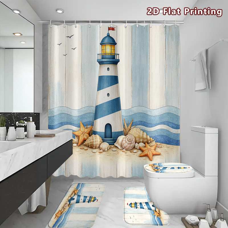 4pcs Coastal Lighthouse Shower Curtain & Bath Mat Set with Hooks