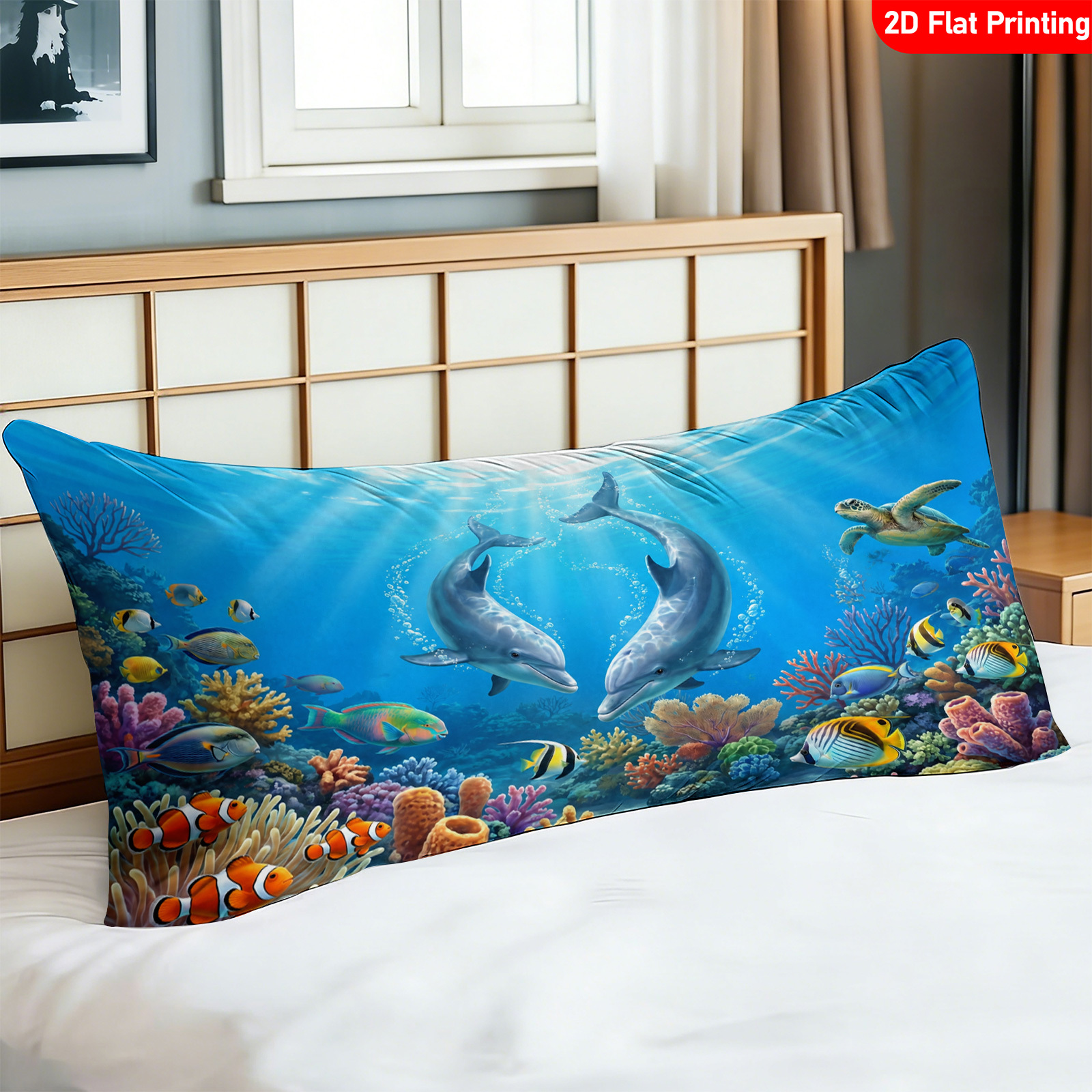 TEMU 1pc Large Underwater Dolphin Bed Pillowcase Suitable For Bedroom Sofa Couch - Soft Comfortable Body Pillow Cover With Dolphin Pattern, Long