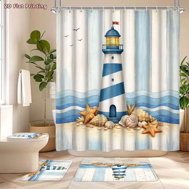 4pcs Coastal Lighthouse Shower Curtain & Bath Mat Set with Hooks