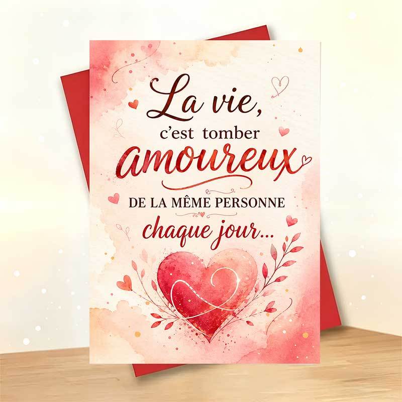 TEMU 1 Carte de vœux + 1 Enveloppe, Carte de vœux pour la Saint-Valentin, Illustration de cœur rouge avec française, pour , Style aquarelle pour la