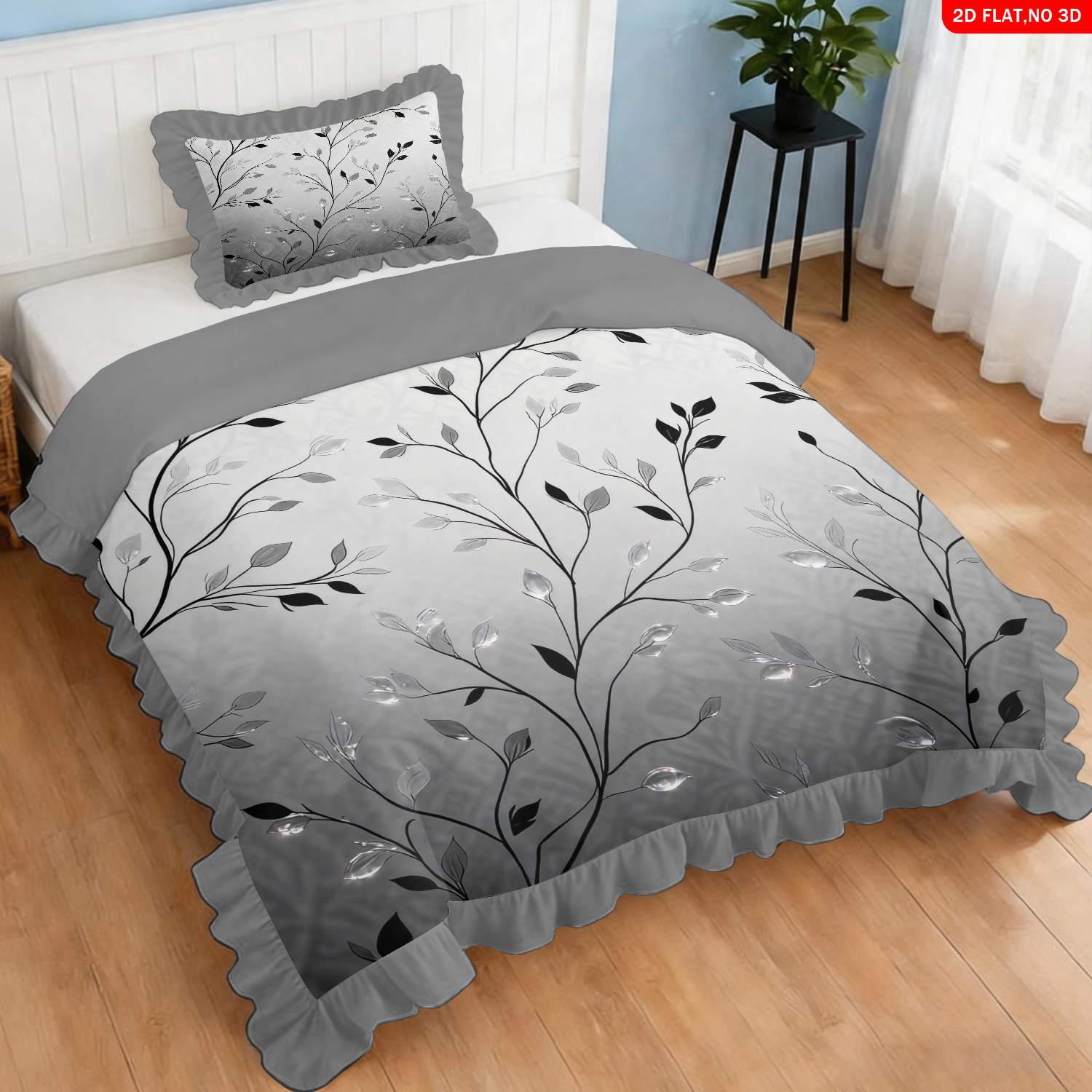 TEMU 2/3pcs Ruffle Duvet Cover Set Soft And Comfortable Theme Silver Gray With Black Branch And Leaf Print Make Rooms More Elegant And Warm (1 Duvet