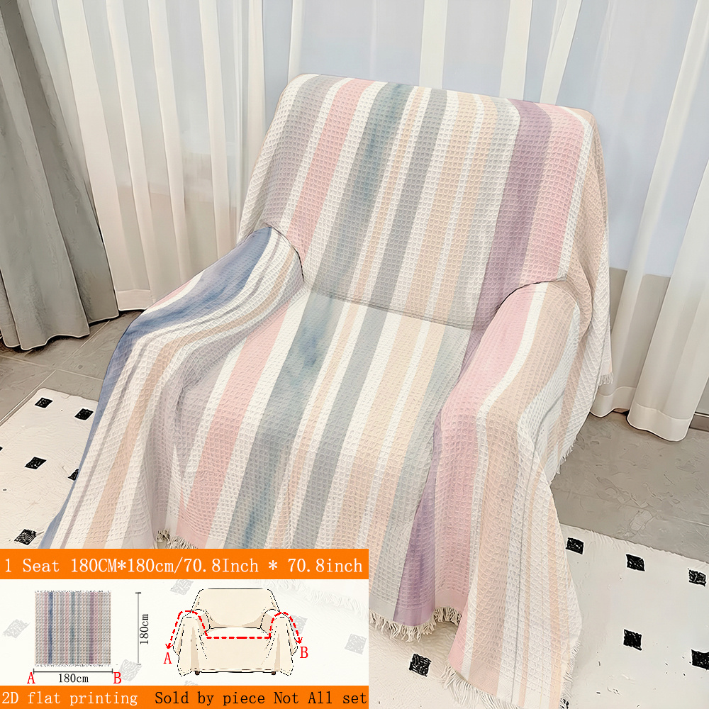 TEMU 1pc 2d Flat Printing Simple Striped Watercolor Style Waffle Weave Bathroom Sofa Cushion, Sofa Towel Integrated Sofa Cover With Tassels, Sofa