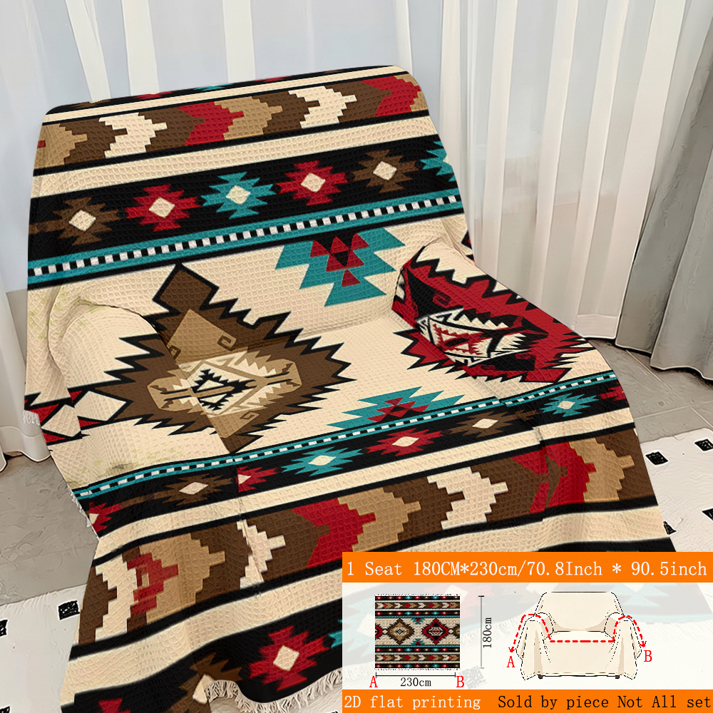 TEMU 1pc 2d Flat Printing Bohemian Style Geometric Pattern Waffle Weave Sofa Cushion, Sofa Throw Blanket Integrated Sofa Cover With Tassels, Sofa