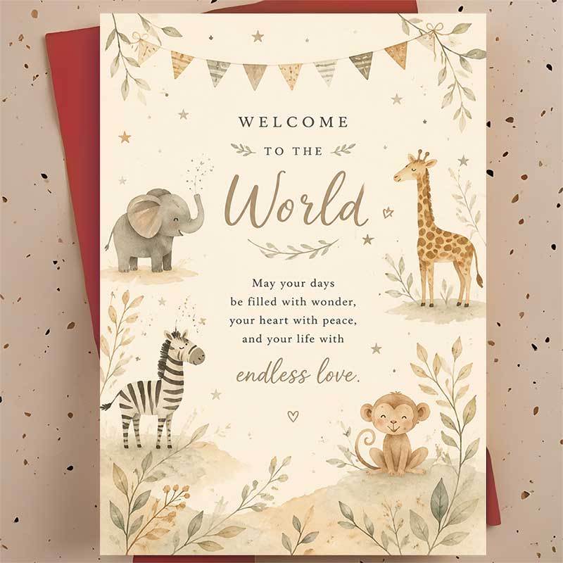 Adorable Welcome Greeting Card with Safari Animals
