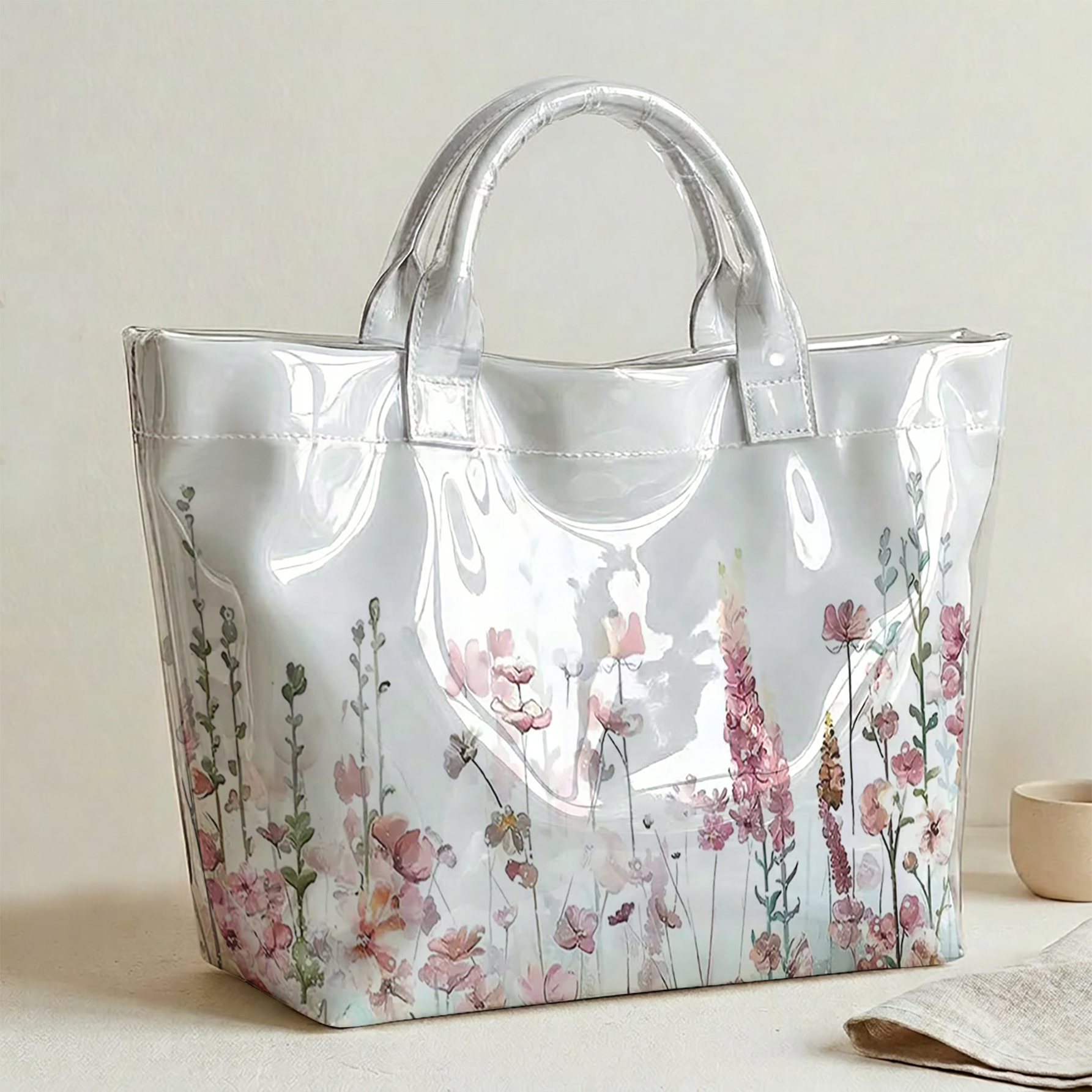 TEMU 1pc, Women's Tote Bag, Fresh Watercolor Style Pink- Random Floral Scene 2d Print, Glossy Transparent Large Capacity Women's Pvc Tote Bag,