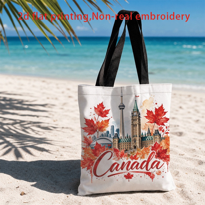 TEMU 1pc, 2d Flat Printing, Canadian Autumn Scenery Print Tote Bag, Beach Carry, Double-sided Printing, Stylish Bag, Tote Bag, Shopping Bag, Canvas