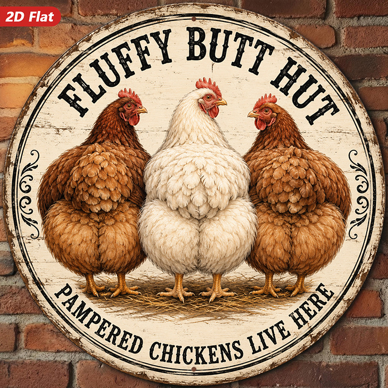 TEMU 2d Flat, 1pc Round Metal Sign Wall Art, Fluffy Hut Home Decor, Farmhouse Style, Chicken Pattern, Rustic Design, For Kitchen, Farmhouse, Living