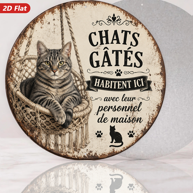 TEMU Plaque Murale Ronde en Bois 2D Plate, 1pc, Décoration d'Intérieur sur le Thème des Chats, , Français "Chats Gates Habitent Ici", Inspiration