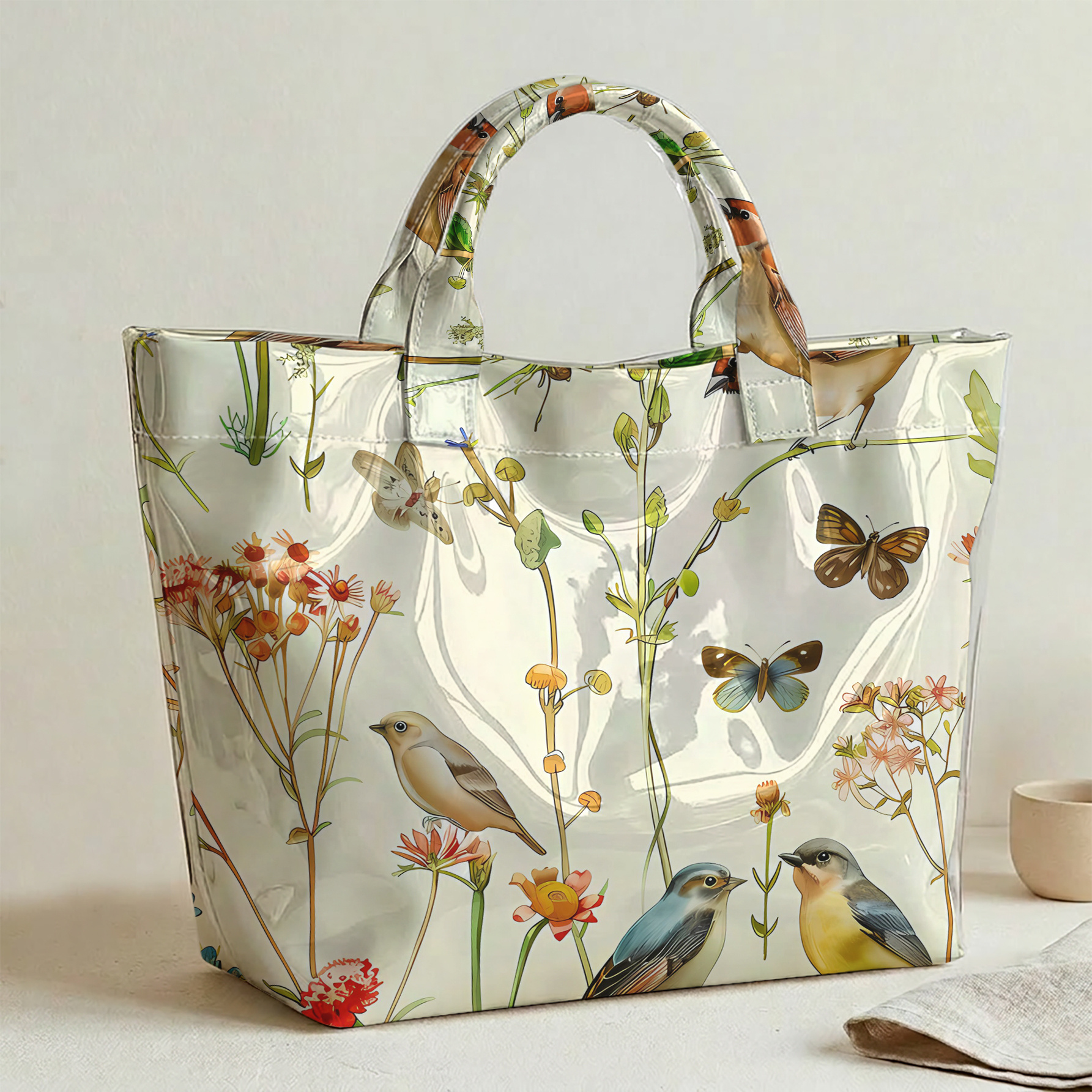 TEMU 1pc Women's Tote Bag, Fresh Hand-painted Vintage Pastoral Bird, , And 2d Print, Glossy Transparent Large-capacity Pvc Tote Bag, Lightweight,