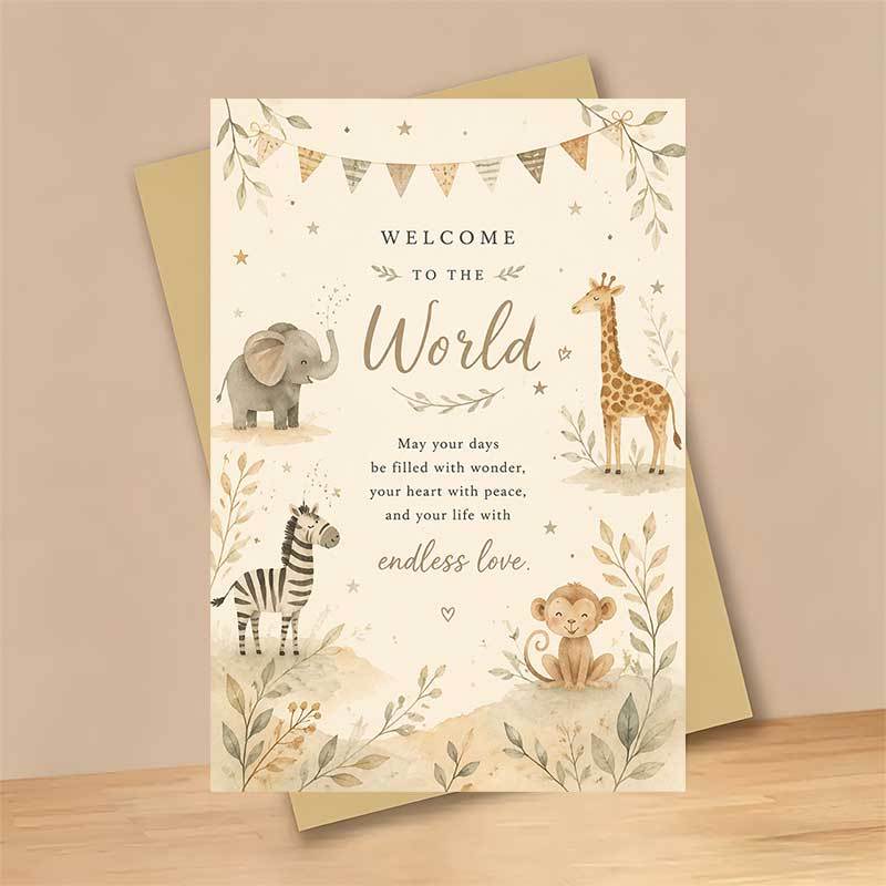 Adorable Welcome Greeting Card with Safari Animals