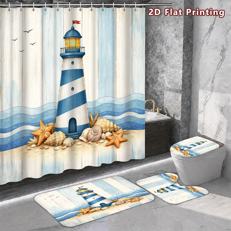 4pcs Coastal Lighthouse Shower Curtain & Bath Mat Set with Hooks