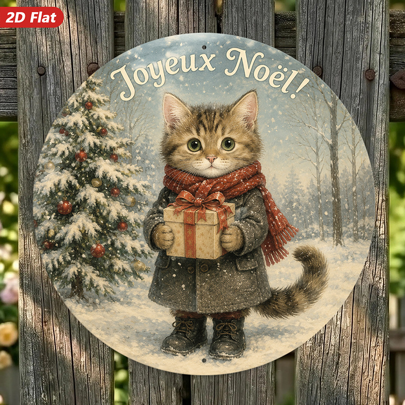 TEMU Plaque Métallique Ronde 2D, 1pc, Art Mural, Décoration Maison Chat de Noël, Chaton avec Cadeau, Scène , Sapin de Noël, Convient pour Salon,