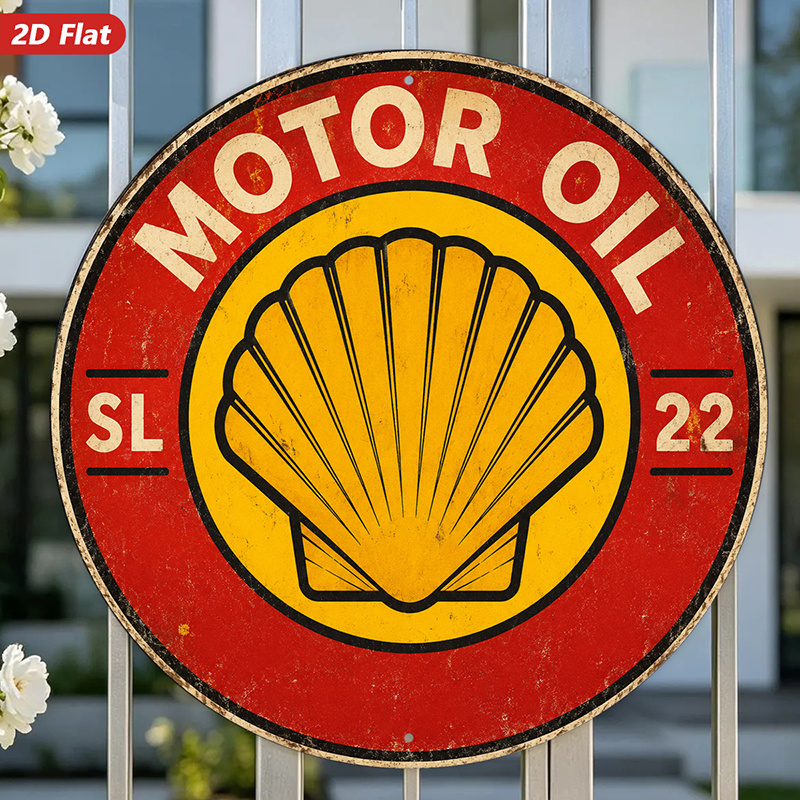 TEMU 2d Flat, 1pc Round Metal Sign Wall Art, Vintage Motor Oil Sign Home Decor, Shell Logo Design, Retro Style, Ideal For Garage, Workshop, For Man -