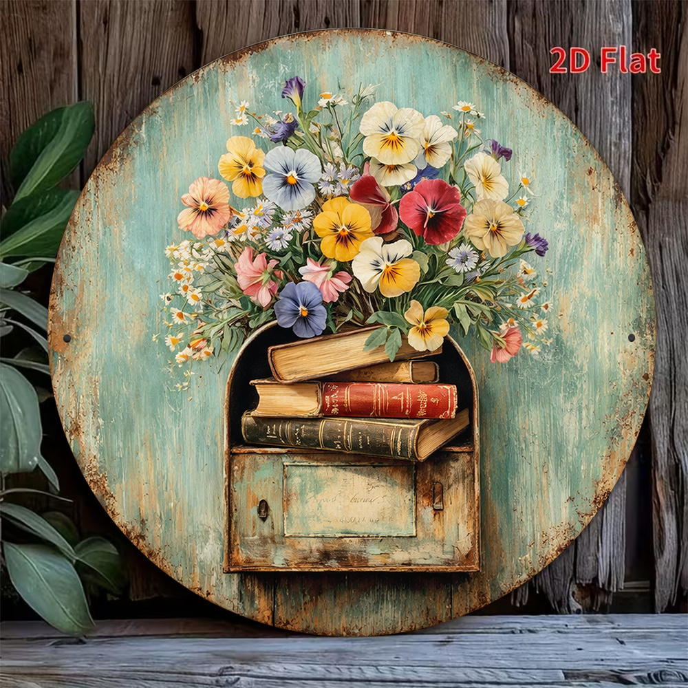 zdjęcie przedmiotu 1 szt. płaska tabliczka 2d o średnicy 8 x 8 cali, plakietka w   vintage z bukietem gajówki i książkami, literacka   dekoracyjna tabliczka, odpowiednia do kawiarni, gabinetu, salonu lub na prezent