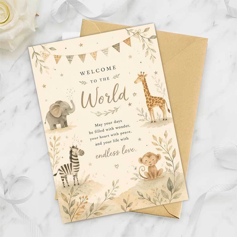 Adorable Welcome Greeting Card with Safari Animals