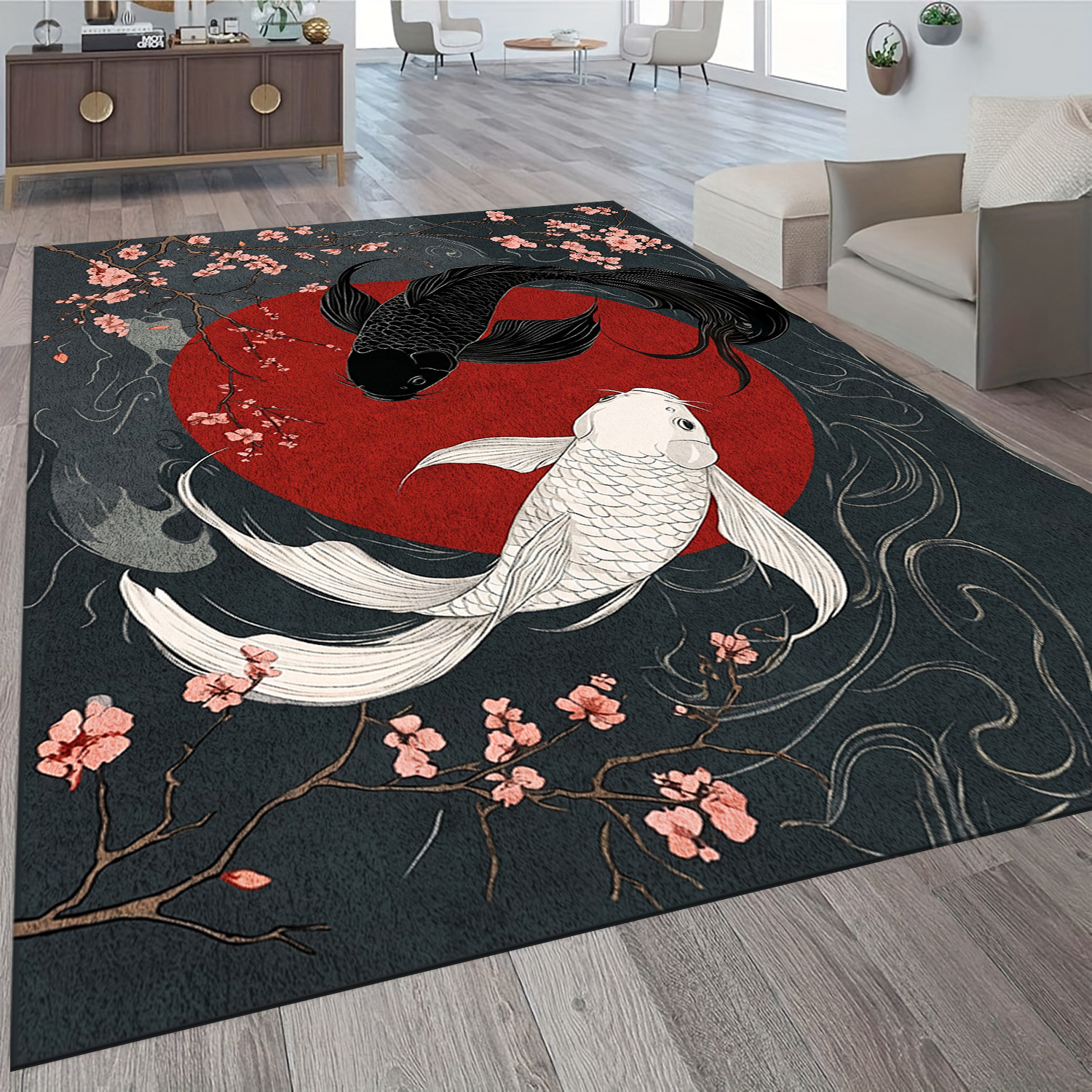 1  velvet rectangular oversized area rug black and white koi and cherry   pattern washable carpet suitable for living room bedroom office durable and easy to   decor oversized living room rug