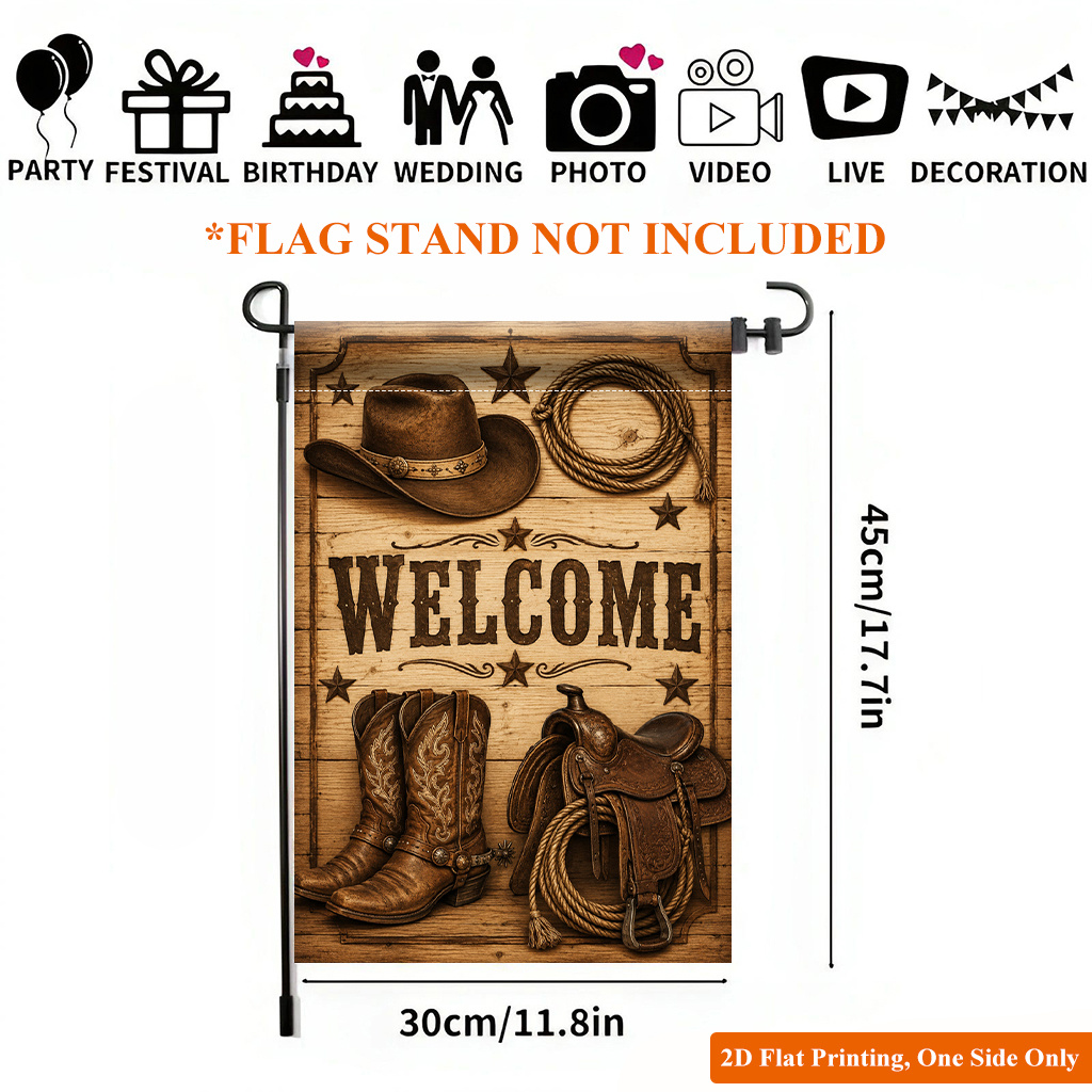 TEMU 2d Flat, 2d Flat Printing Garden Flag 1pc, Western Style Cowboy Items Durable Single-sided Print Yard Flag, Garden & Home Holiday Decoration,