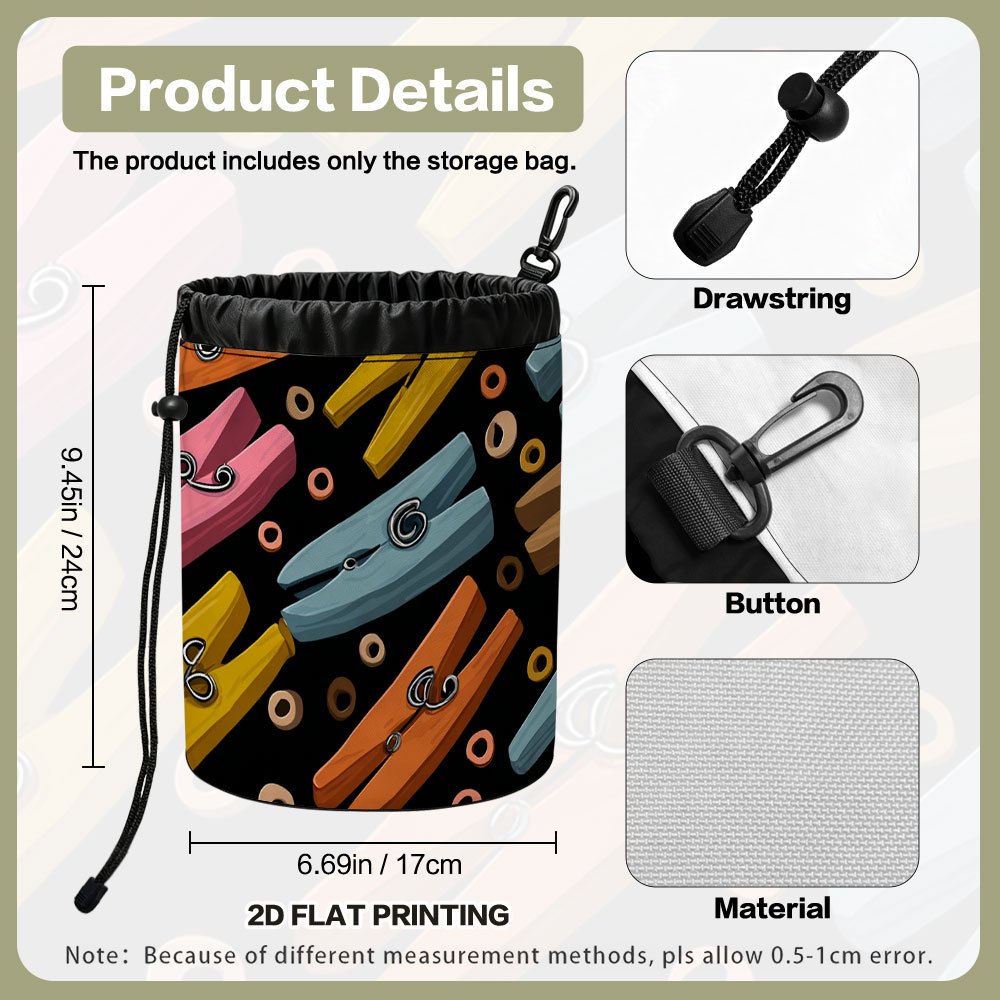 TEMU 1pc (2d Flat) Decorative Storage Bag For Clothesline With Colorful Clothespins Design Printed Design, Hook And Drawstring Structure, Applicable