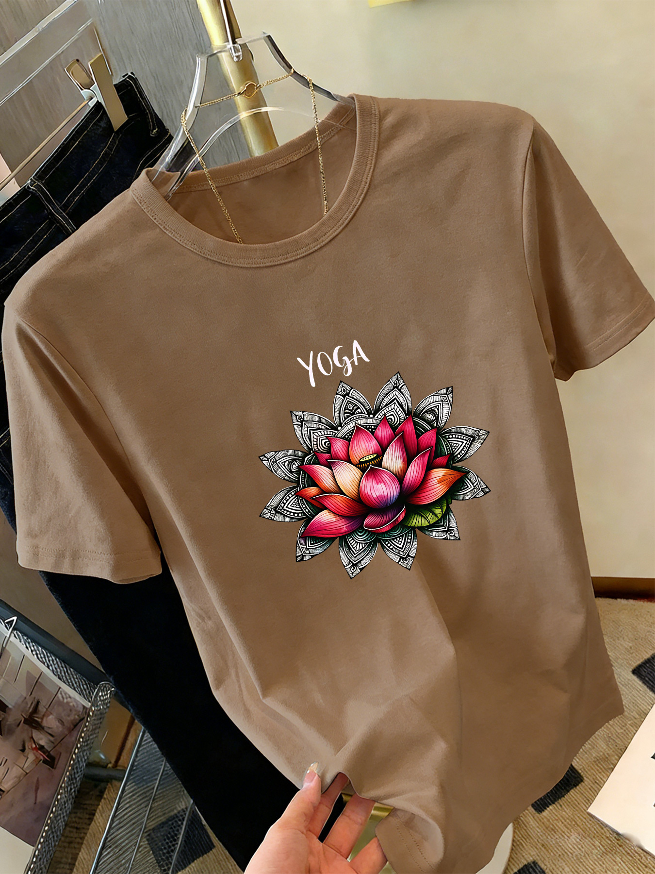 yoga mandala for lotus casual sporty   summer print womens round neck top with pocket      