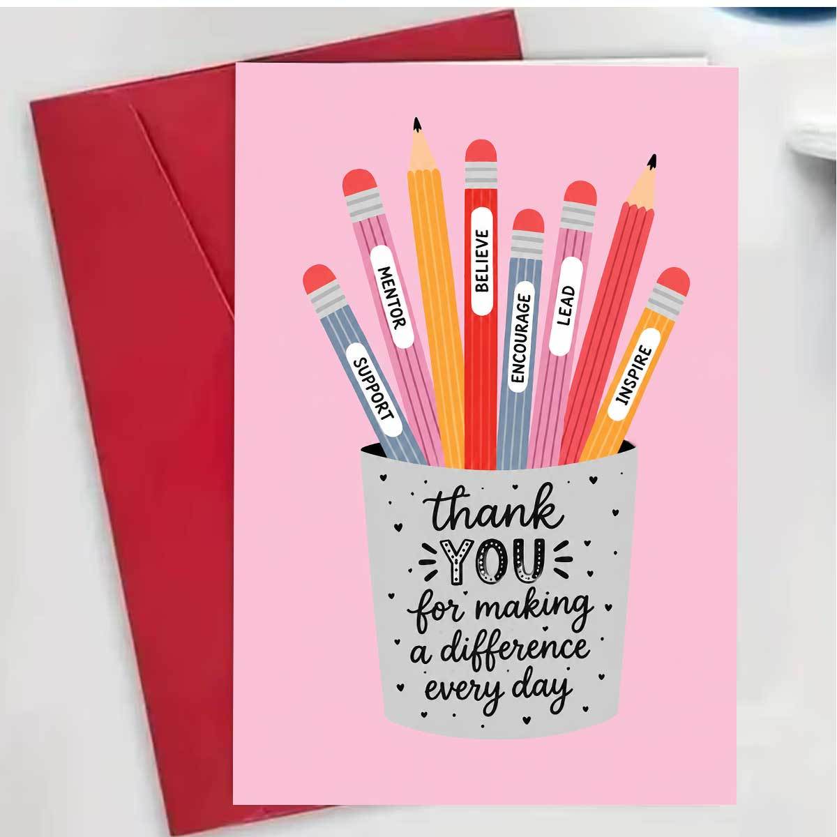 TEMU 1pc Exquisite Teacher's Day Greeting Card, Featuring An Illustration Of A Pen Holder Containing Colorful Pencils With The Words Support, Mentor,