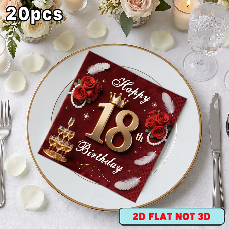 TEMU Confezione da 20 tovaglioli per 18簞 compleanno, adatti per compleanni, forniture per feste a tema con corona e rosa - Tovaglioli di carta usa e