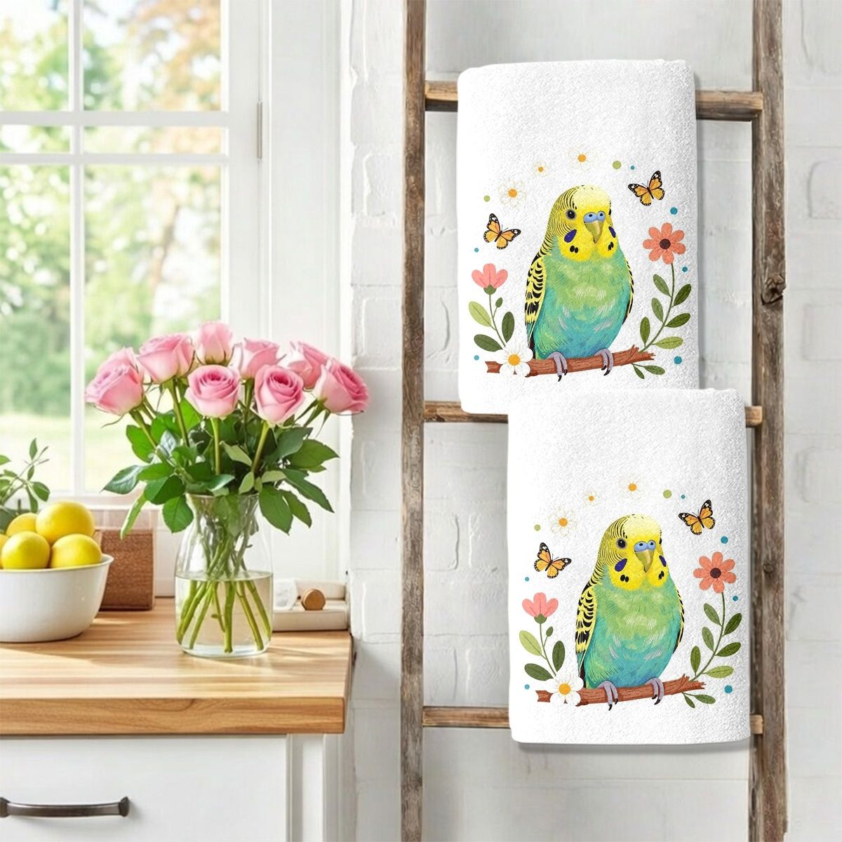 TEMU 2pcs Large Retro Budgerigar Towels Suitable For Cooking, Dish Cloths & Decorative Cleaning Cloth With Budgie Design, Microfiber Suitable,