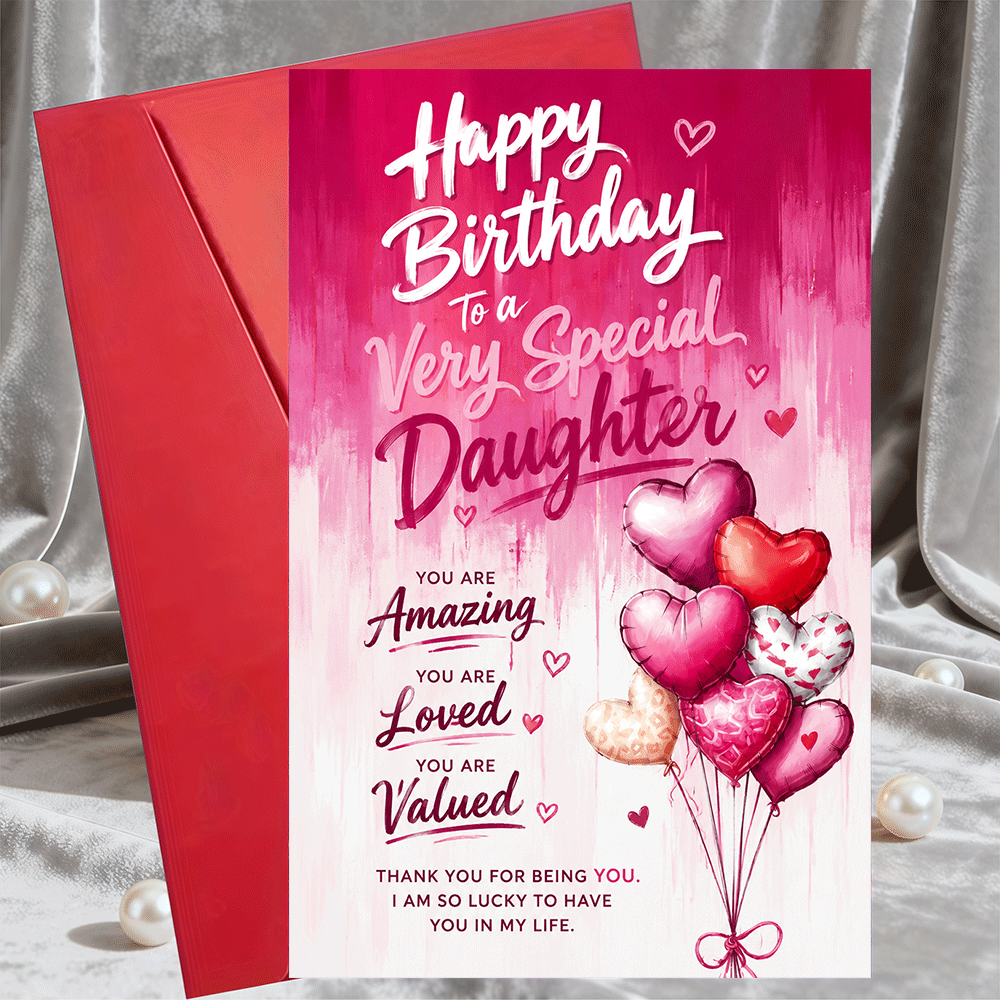 TEMU 1 Greeting Card + 1 Envelope. 2d Flat Happy Birthday Card For Daughter, Heart-shaped , Elegant Gift, Suitable For Special Occasions, Birthday