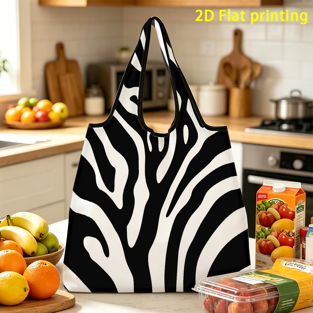 TEMU 1pc, Zebra Print Large Capacity Foldable Shopping Bag Reusable, Suitable For Storage, For Essential Items In Season